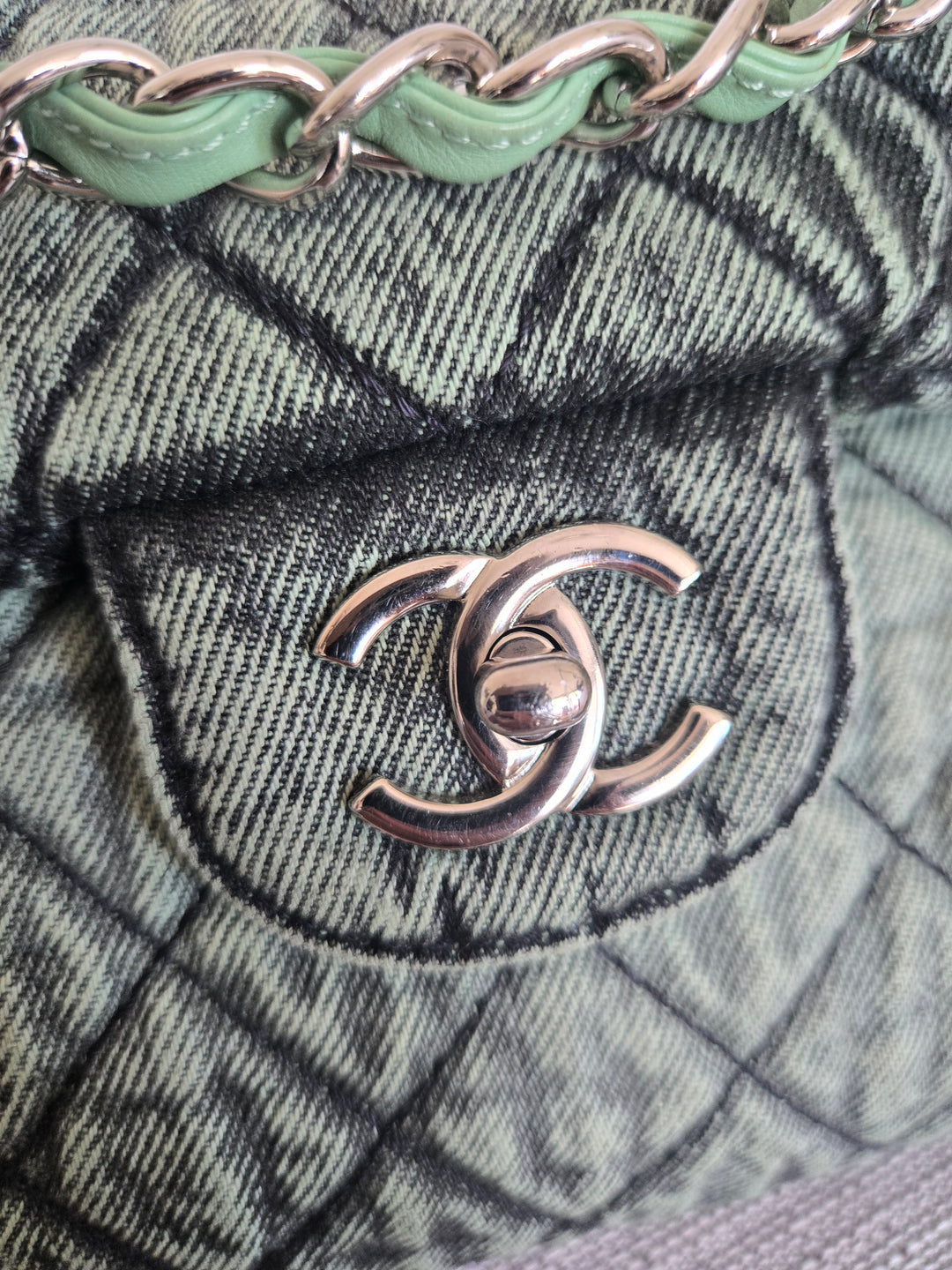CHANEL Green Denimpression SHW size Jumbo Single Flap Bag