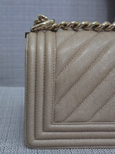 Load image into Gallery viewer, Chanel series 26 18A 2018 Fall/Winter Collection Iridescent Light Beige Chevron Caviar Le Boy Flap Bag size Small with Shiny GHW
