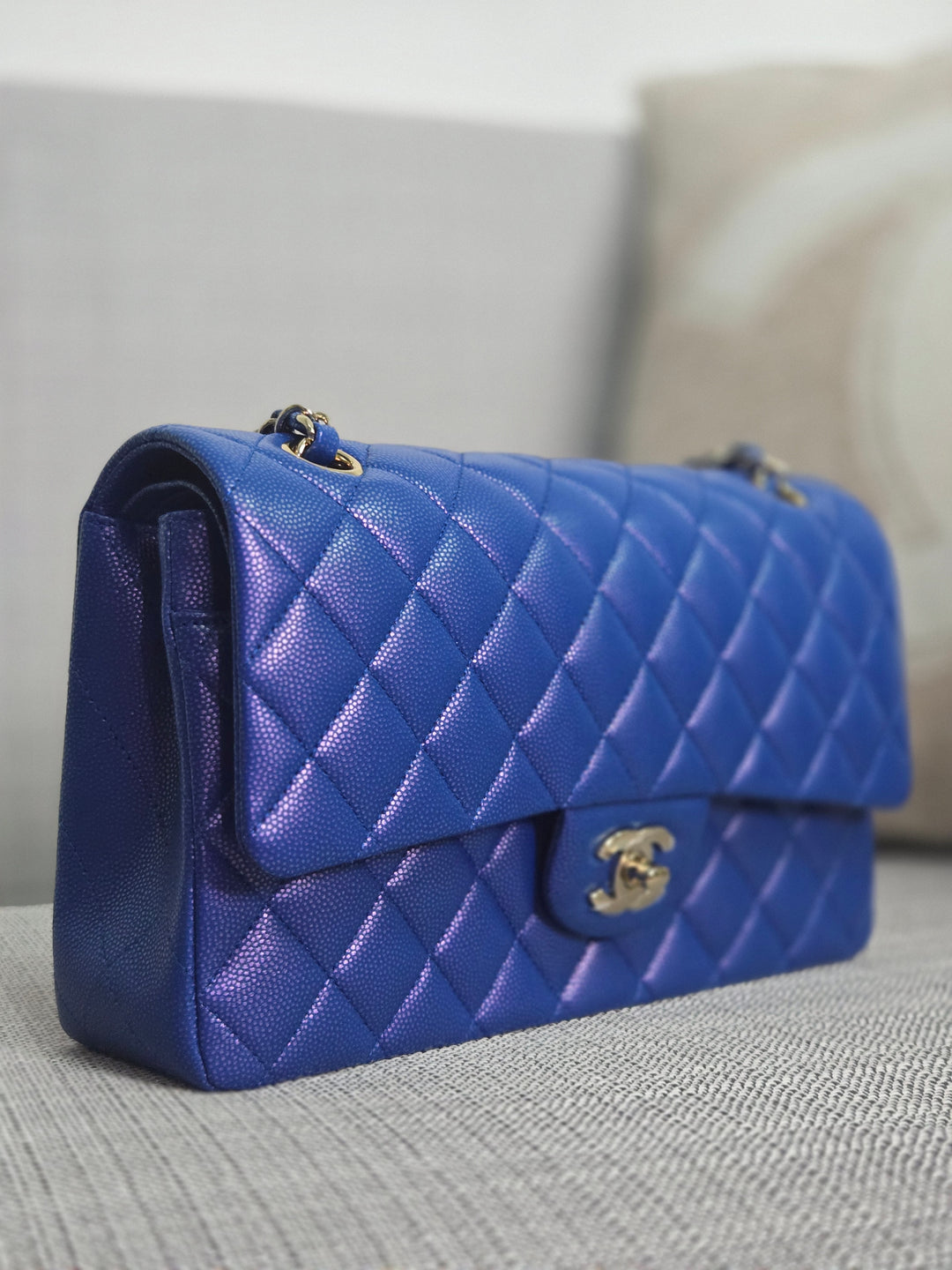 Chanel series 31 Iridescent Cobalt Blue Caviar Medium ML Timeless Classic Double Flap Bag with Champagne GHW