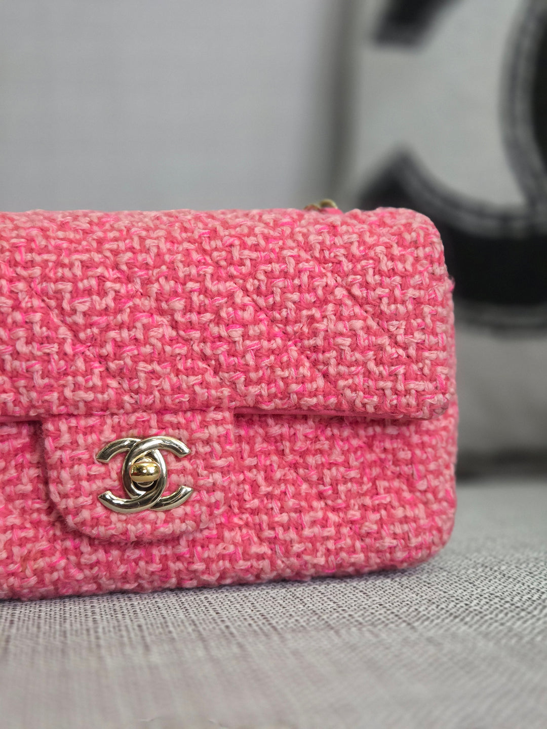 Chanel 22B 2022 Fall/Winter Fuchsia/Light Pink/Dark Pink Tweed Mini Rectangular Flap Bag with Champagne GHW