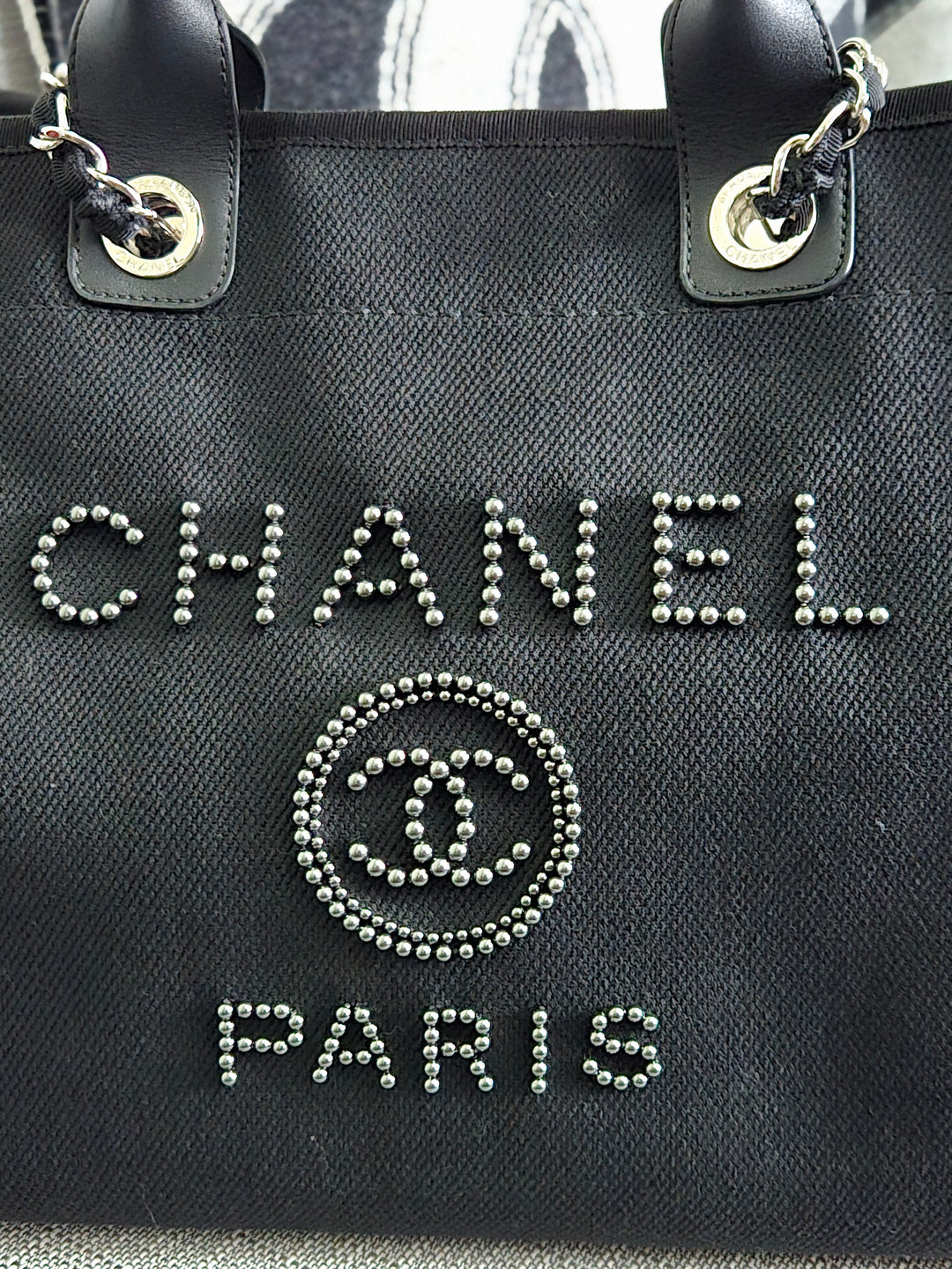 Chanel 20S 2020 Spring/Summer Collecion Black Canvas With Pearl Embossed Deauville Tote Bag with Leather Top Handle Size Medium/Large