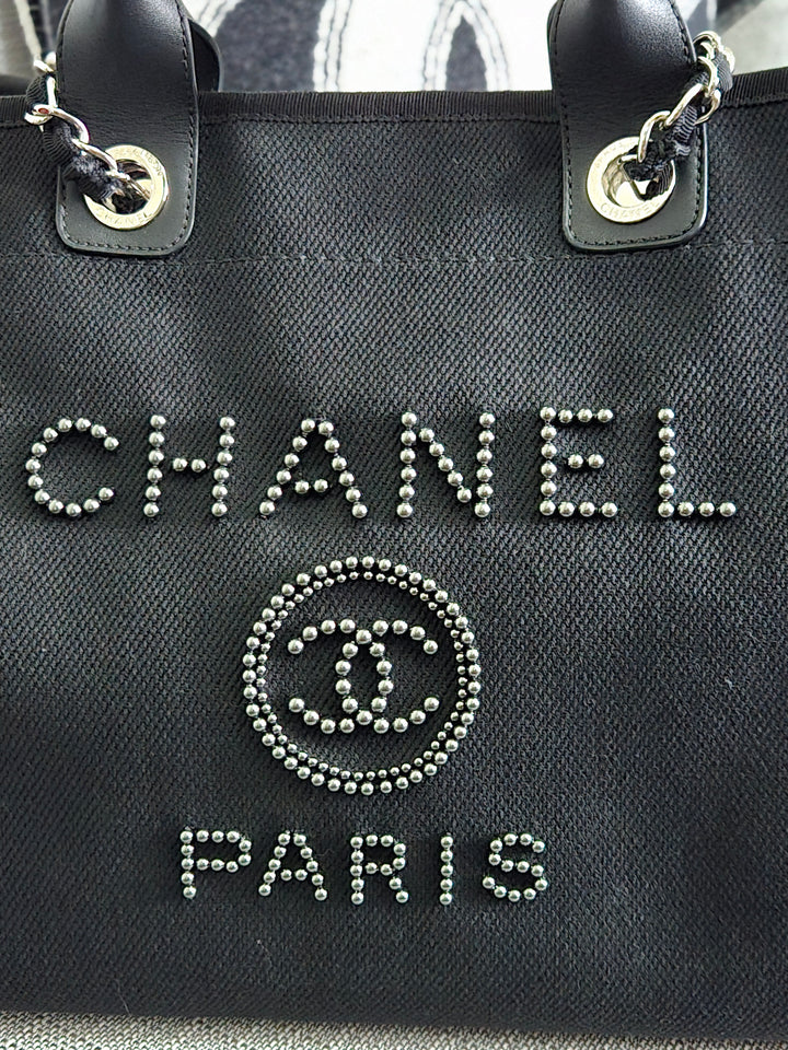 Chanel 20S 2020 Spring/Summer Collecion Black Canvas With Pearl Embossed Deauville Tote Bag with Leather Top Handle Size Medium/Large