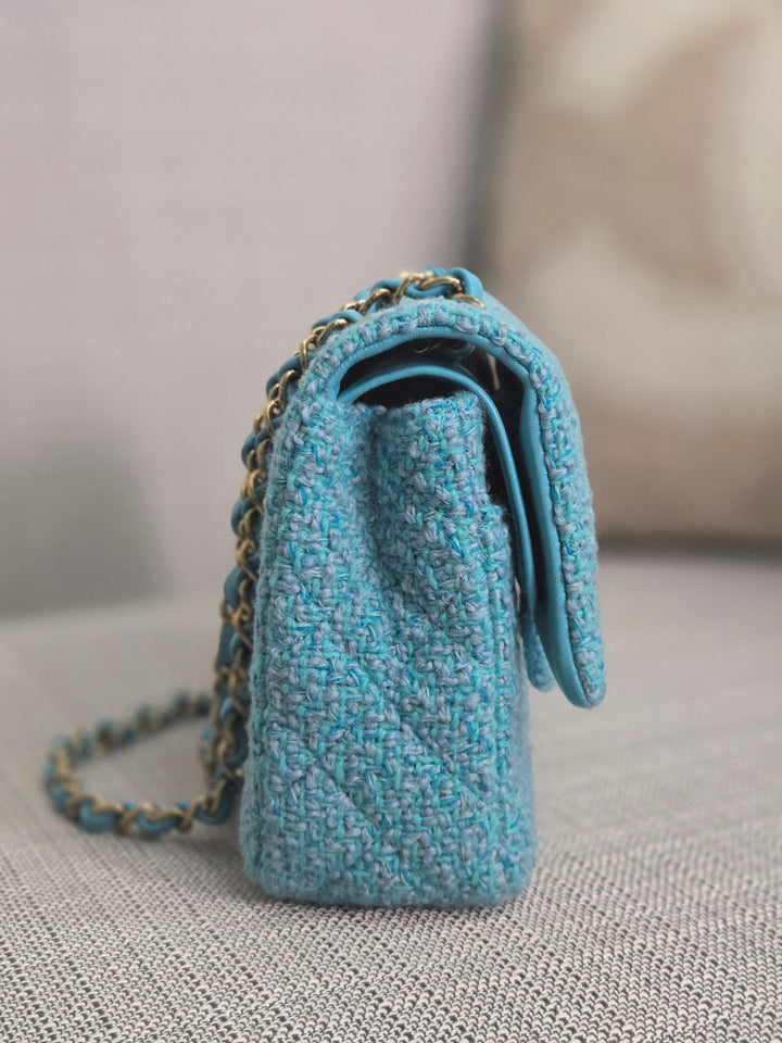 Chanel 22B 2022 Fall/Winter Collection Turquoise Blue Tweed Medium ML Timeless Classic Double Flap Bag with Champagne GHW