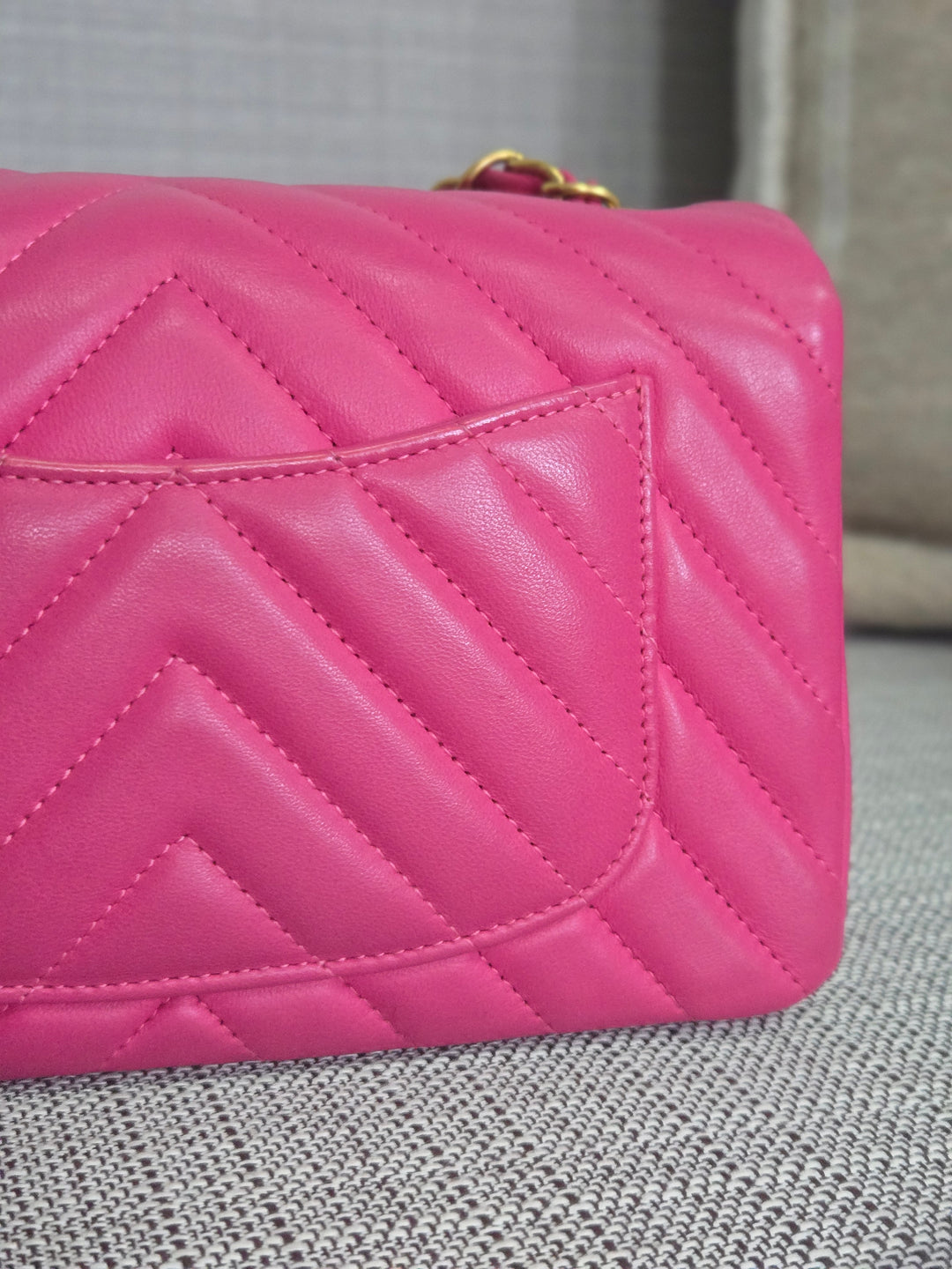 Chanel series 21 Barbie Pink Lambskin Chevron Mini Rectangular Flap Bag with Yellow GHW