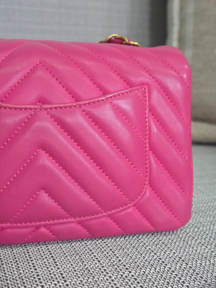 Chanel series 21 Barbie Pink Lambskin Chevron Mini Rectangular Flap Bag with Yellow GHW