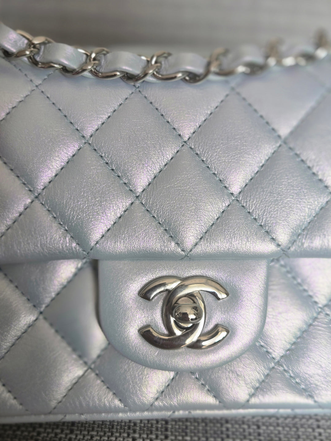 Chanel 21K collection 2021 Iridescent Light Blue Calf skin SHW Mini Rectangular Flap Bag