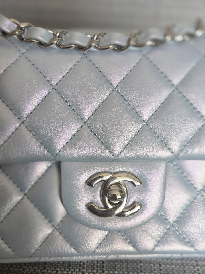 Chanel 21K collection 2021 Iridescent Light Blue Calf skin SHW Mini Rectangular Flap Bag