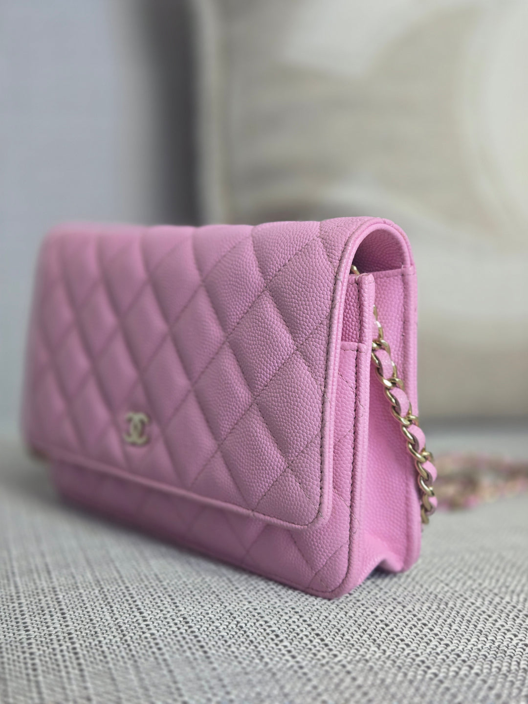 Chanel 23P Collection 2023 Mauve undertone Pink Caviar Champagne GHW Classic Wallet on chain (WOC)