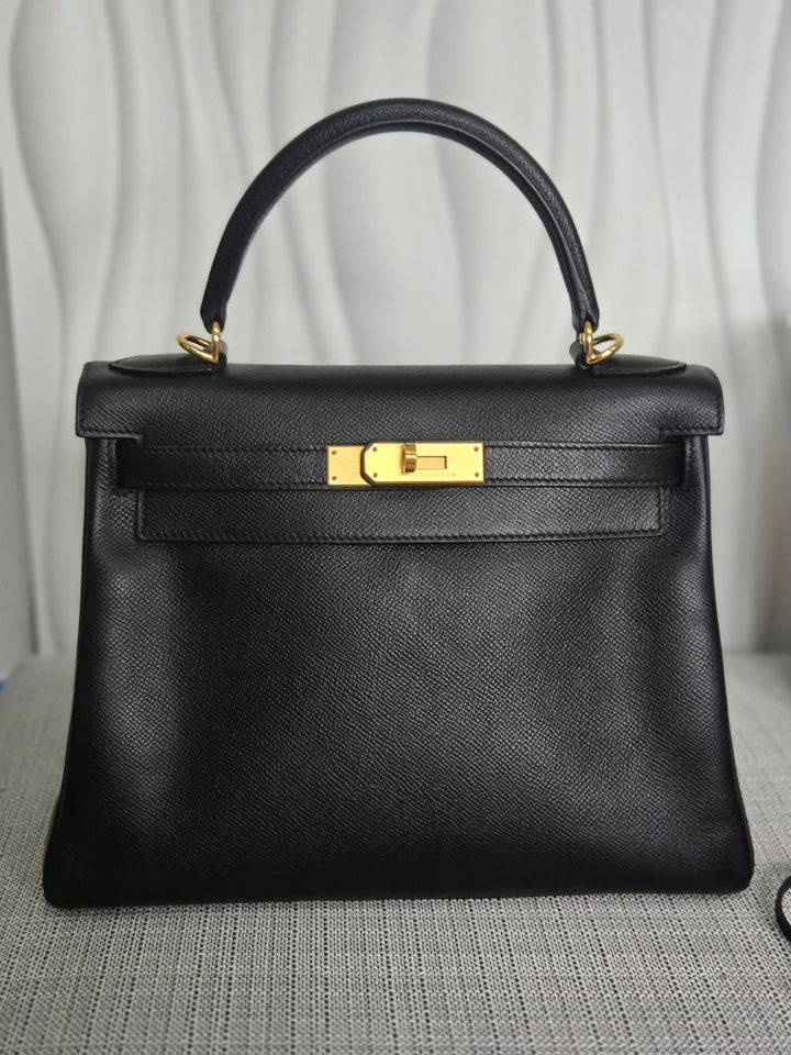 Hermes Noir/Black Epsom Leather GHW Kelly 28 stamp N 2010