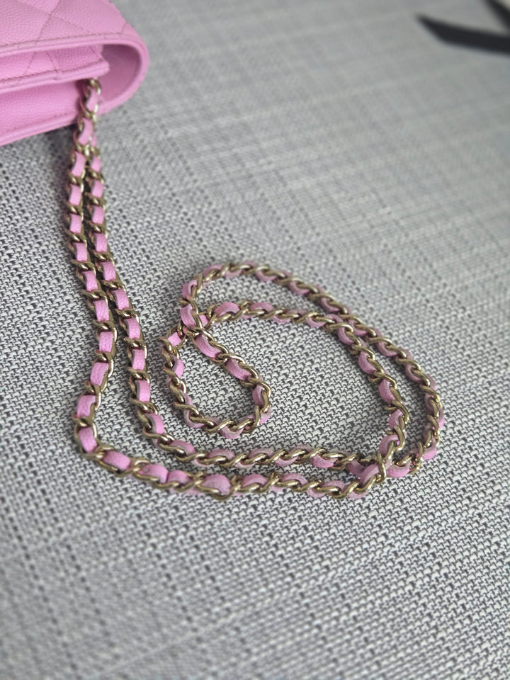 Chanel 23P Collection 2023 Mauve undertone Pink Caviar Champagne GHW Classic Wallet on chain (WOC)