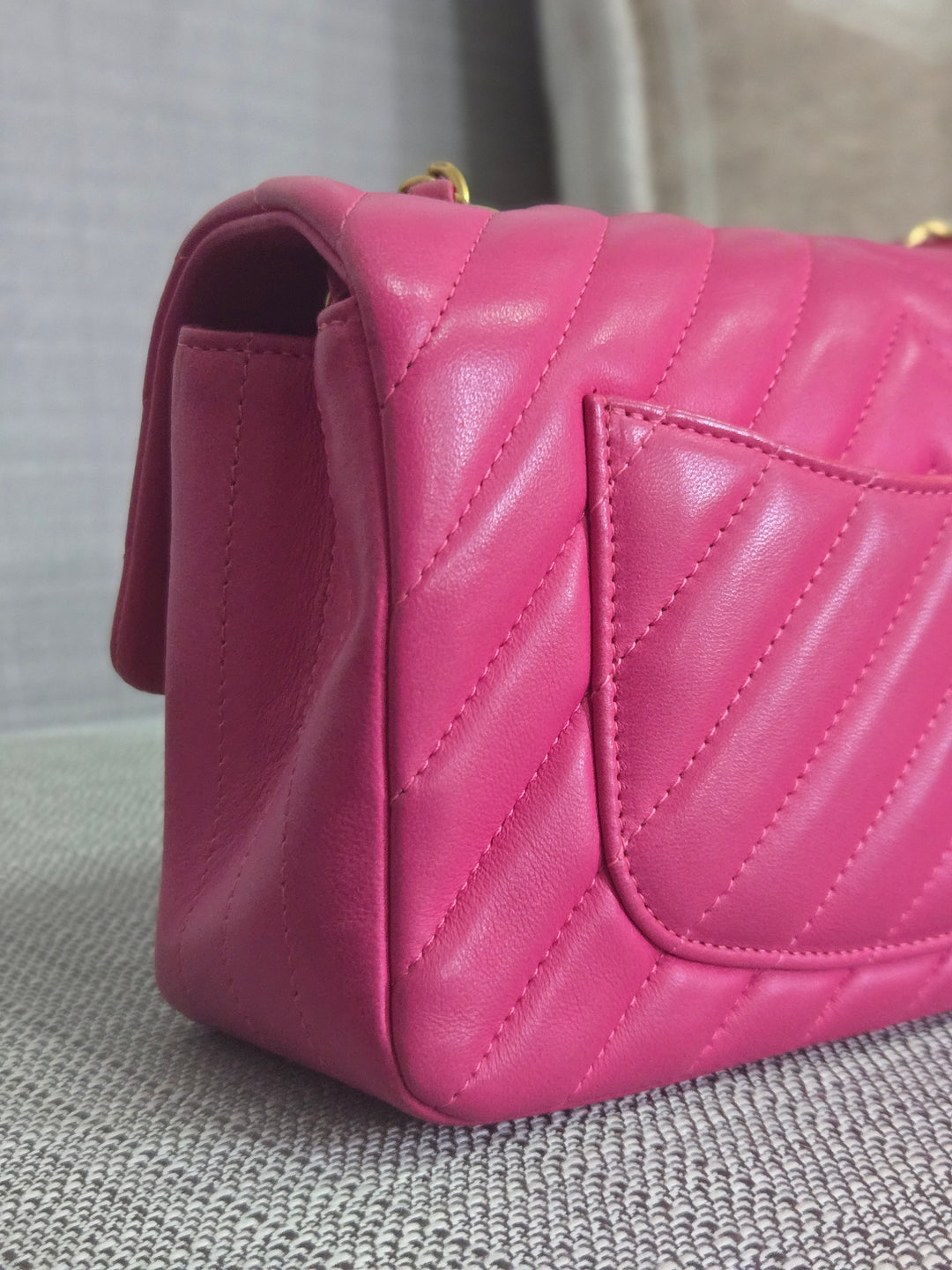 Chanel series 21 Barbie Pink Lambskin Chevron Mini Rectangular Flap Bag with Yellow GHW