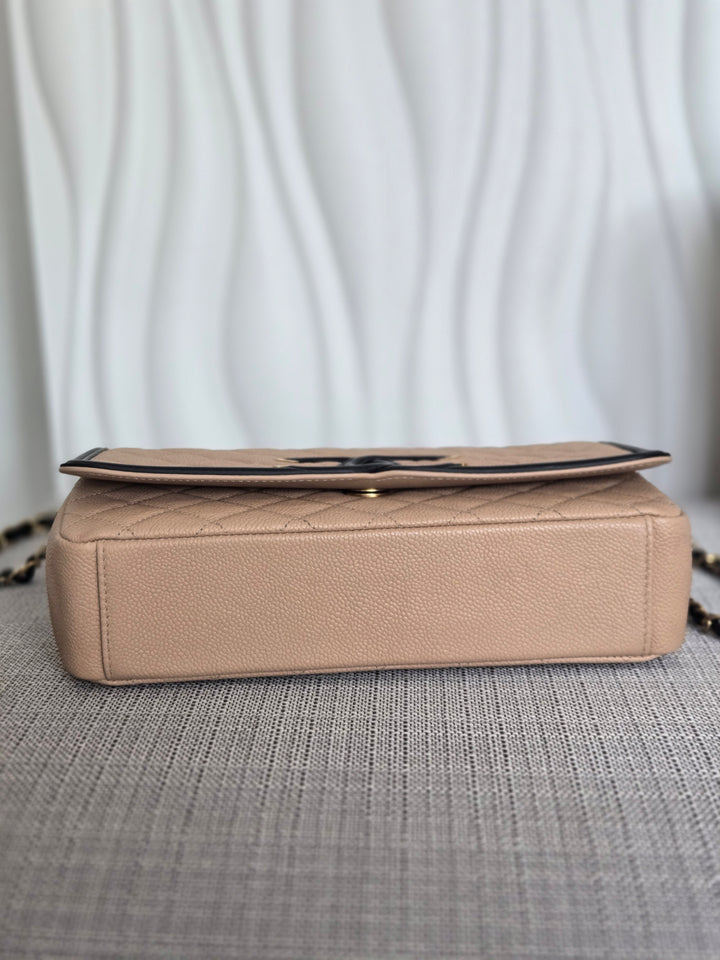 CHANEL Beige & Black Filigree Aged GHW Magnetic Closure Flap Bag size Medium 10 inches
