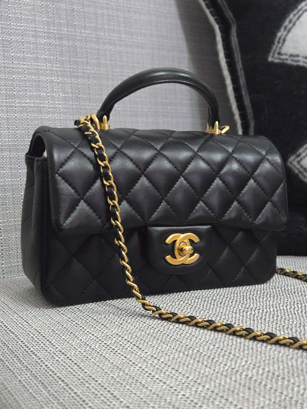 Chanel Black Lambskin GHW Top Handle Mini Rectangular Flap Bag