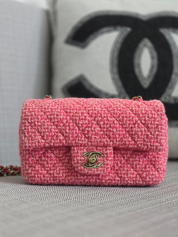 Chanel 22B 2022 Fall/Winter Fuchsia/Light Pink/Dark Pink Tweed Mini Rectangular Flap Bag with Champagne GHW