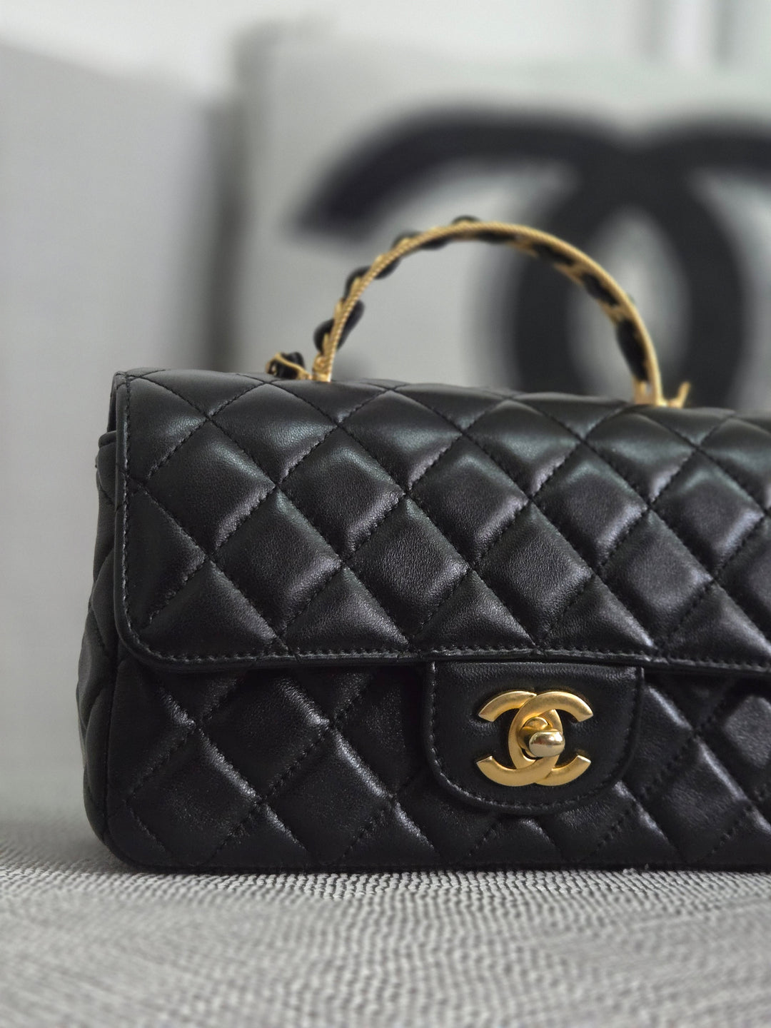 Chanel Black Lambskin Mini Rectangular Flap Bag with Top Handle GHW