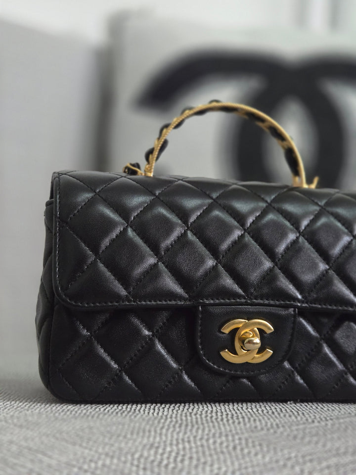 Chanel Black Lambskin Mini Rectangular Flap Bag with Top Handle GHW