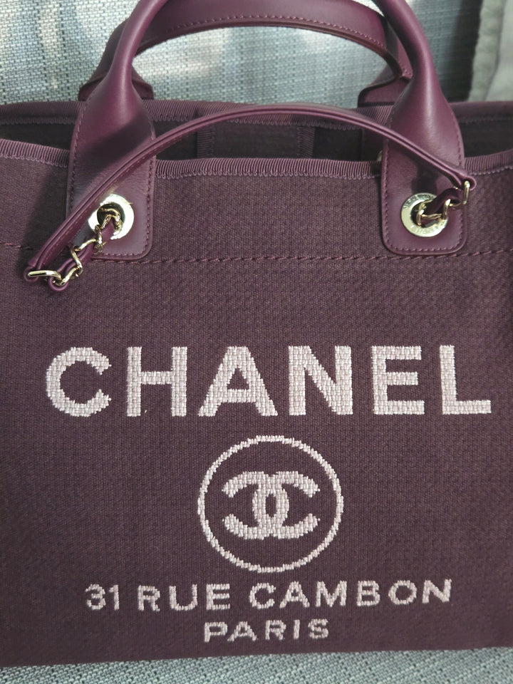Chanel 24B 2024 Fall/Winter Collection Burgundy Tweed Deauville Tote with Leather top handle size small and Detachable pouch