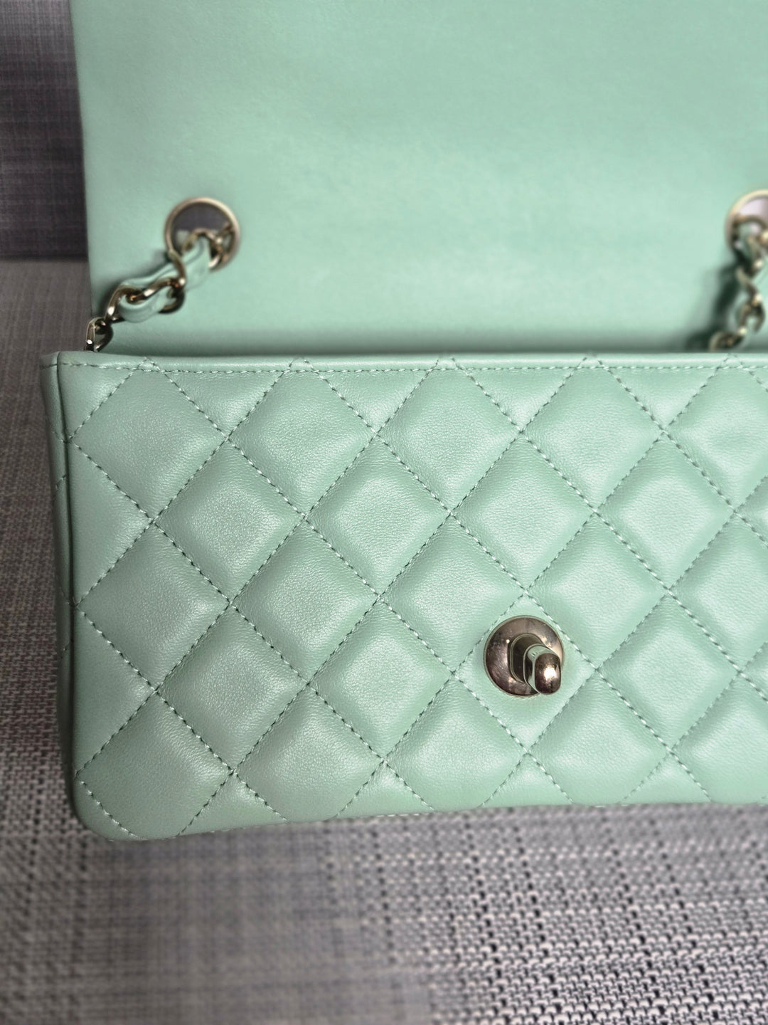 Chanel 24S collection 2024 Pastel Green Lambskin Champagne GHW Classic Mini Rectangular Flap Bag