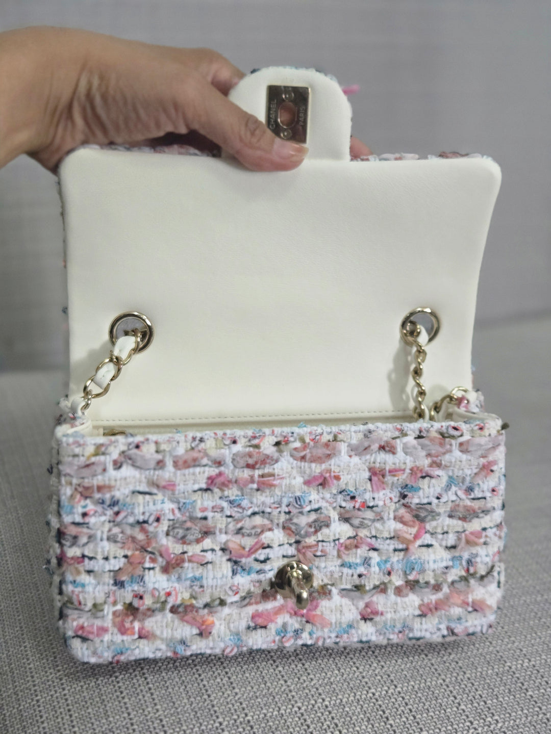Chanel 23C 2022/2023 Cruise Collection Tweed Quilted Mini Rectangular Flap Bag in Ecru, Pink, Blue, and Green with Champagne GHW