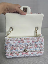 Load image into Gallery viewer, Chanel 23C 2022/2023 Cruise Collection Tweed Quilted Mini Rectangular Flap Bag in Ecru, Pink, Blue, and Green with Champagne GHW
