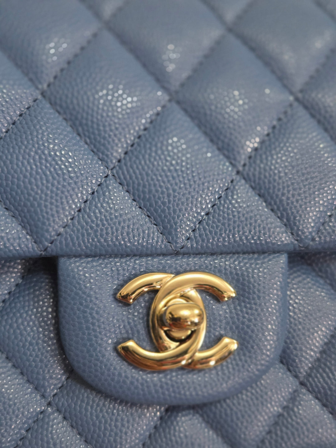 Chanel Series 30 Blue Caviar Medium Timeless Classic Double Flap Bag with Champagne GHW