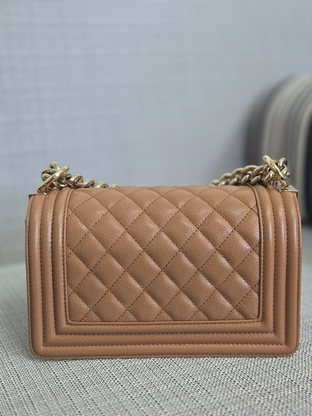 Chanel 21K 2021 Fall/Winter Collection Caramel Brown Caviar shiny champagne GHW Small Le Boy Flap Bag