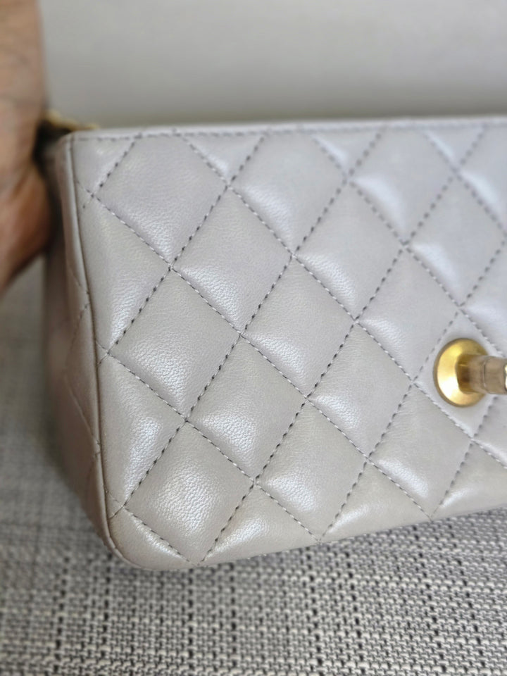 CHANEL 21A light Grey Lambskin Aged GHW Mini Rectangular Flap Bag with Top Handle