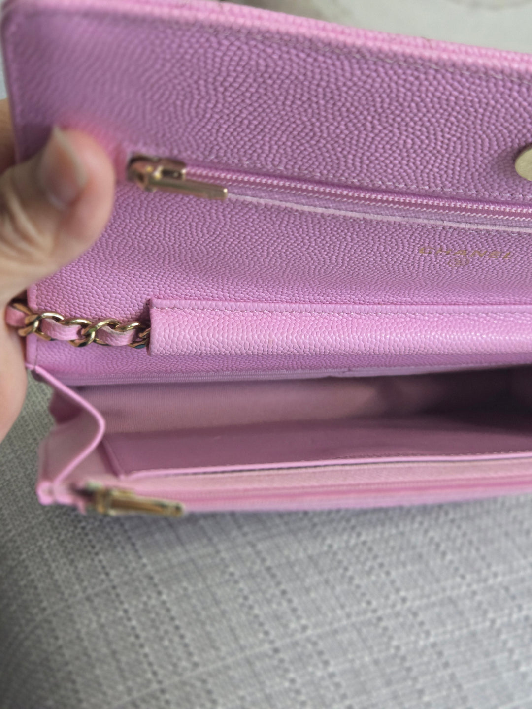 Chanel 23P Collection 2023 Mauve undertone Pink Caviar Champagne GHW Classic Wallet on chain (WOC)