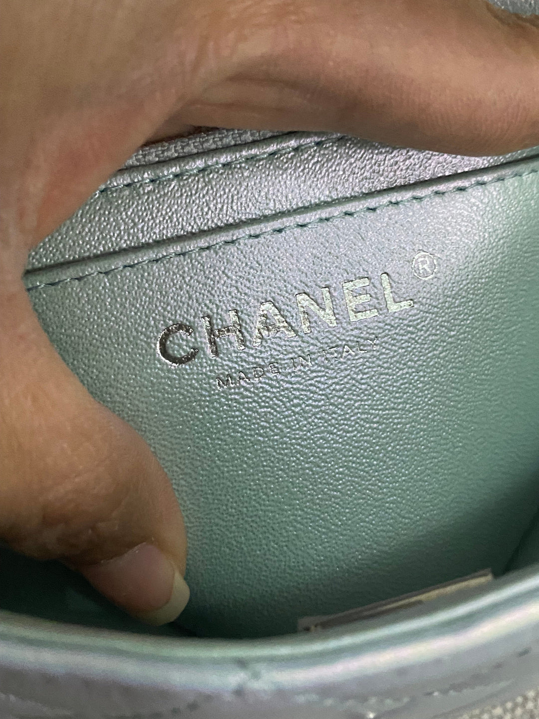 Chanel 21K collection 2021 Iridescent Light Blue Calf skin SHW Mini Rectangular Flap Bag