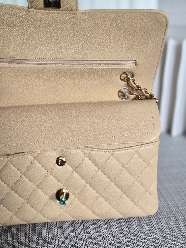 CHANEL series 15 2011/2012 Beige Clair Caviar GHW Medium ML Timeless Classic Double Flap Bag