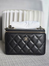 Load image into Gallery viewer, Chanel Black Caviar champagne GHW Small Vanity Case with Chain

