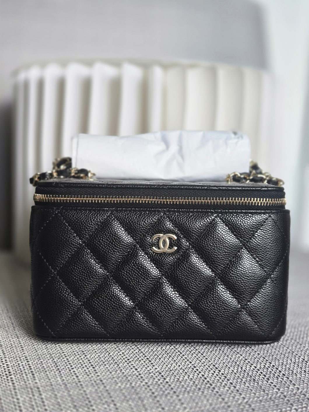 Chanel Black Caviar champagne GHW Small Vanity Case with Chain