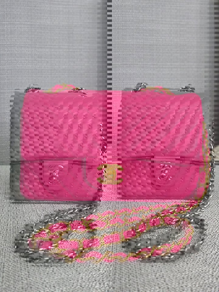 Chanel series 21 Barbie Pink Lambskin Chevron Mini Rectangular Flap Bag with Yellow GHW