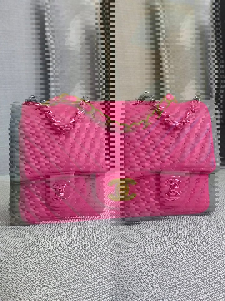 Chanel series 21 Barbie Pink Lambskin Chevron Mini Rectangular Flap Bag with Yellow GHW