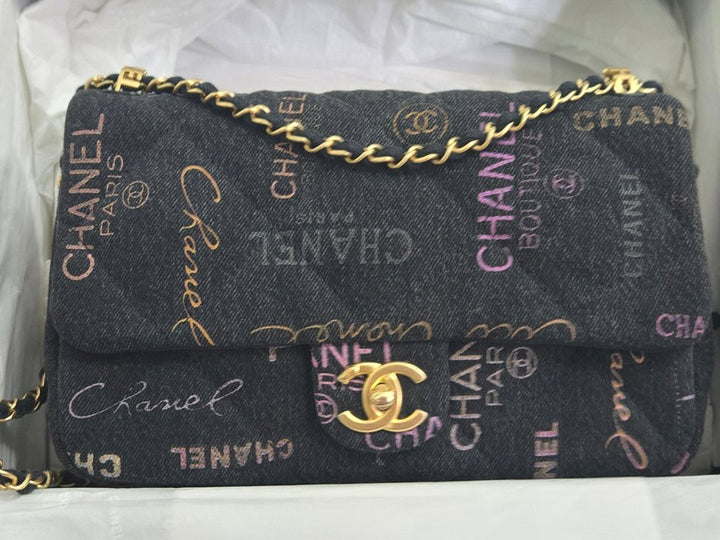 Chanel 22P collection Black Denim Mood Flap Bag with Aged GHW size Medium (25 cms)