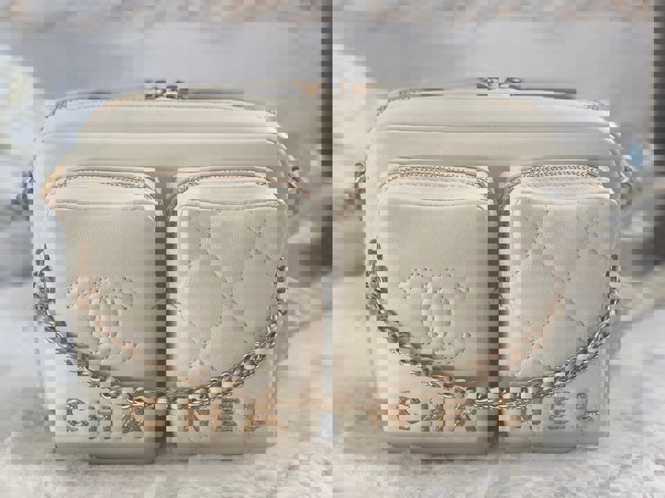 Chanel 22C White Calfskin GHW Small Camera Case Bag with Adjustable Strap