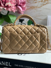 Load image into Gallery viewer, Chanel 22B 2022 Fall/Winter collection Dark Beige Lambskin Top Handle with gold metal plate and antique GHW Mini Rectangular Flap bag
