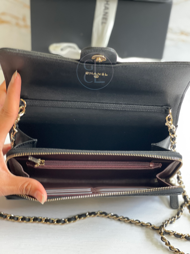Chanel Wallet with Phone Pouch Clutch with Chain in Black Caviar LGHW