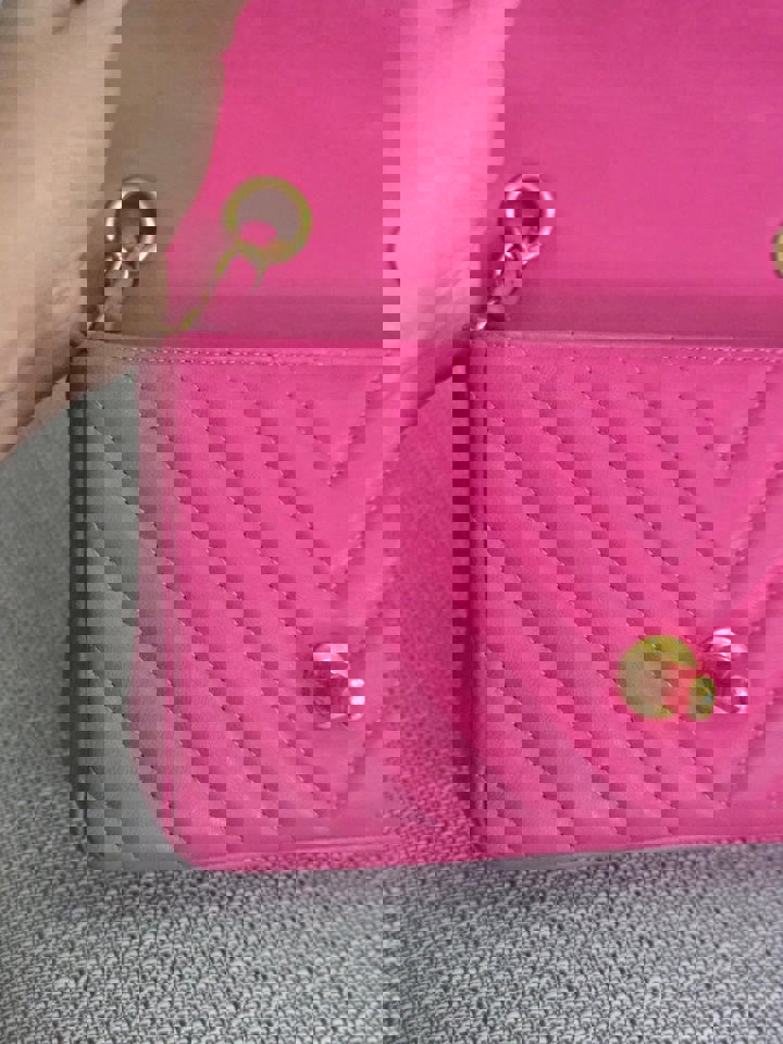 Chanel series 21 Barbie Pink Lambskin Chevron Mini Rectangular Flap Bag with Yellow GHW