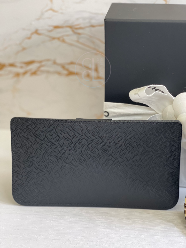Chanel Wallet with Phone Pouch Clutch with Chain in Black Caviar LGHW