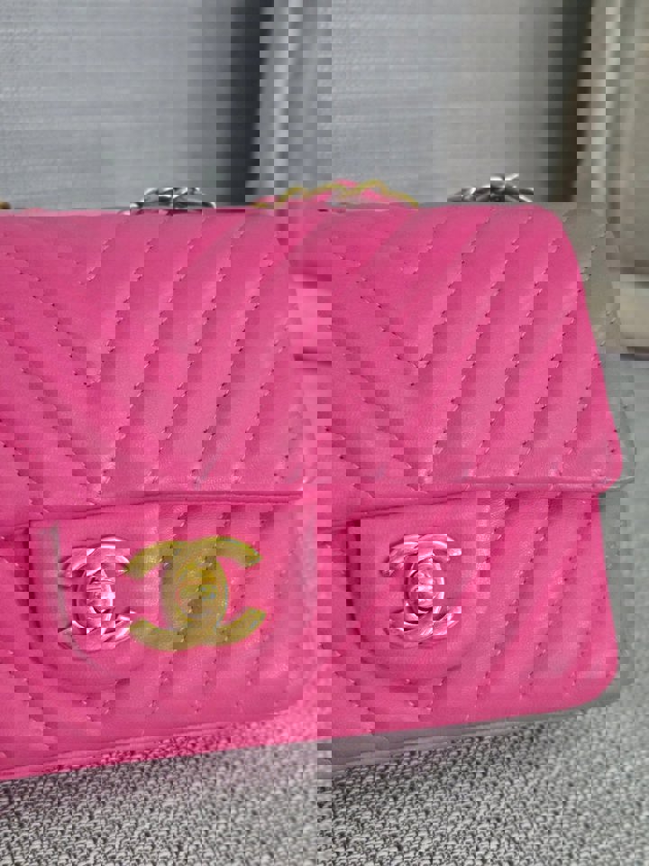Chanel series 21 Barbie Pink Lambskin Chevron Mini Rectangular Flap Bag with Yellow GHW