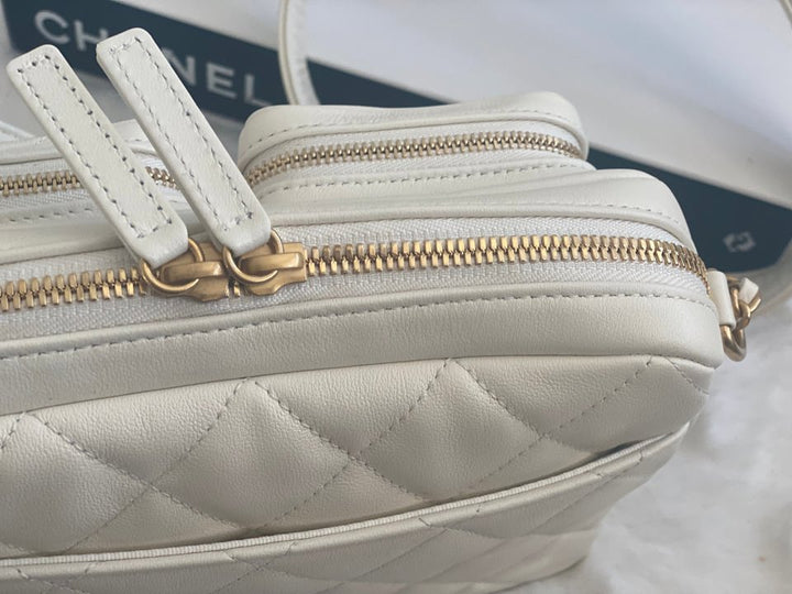 Chanel 22C White Calfskin GHW Small Camera Case Bag with Adjustable Strap