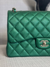 Load image into Gallery viewer, Chanel series 25 18S 2018 Spring/Summer Collection Pearly Emerald Green Caviar Champagne GHW Jumbo Timeless Classic Double Flap Bag
