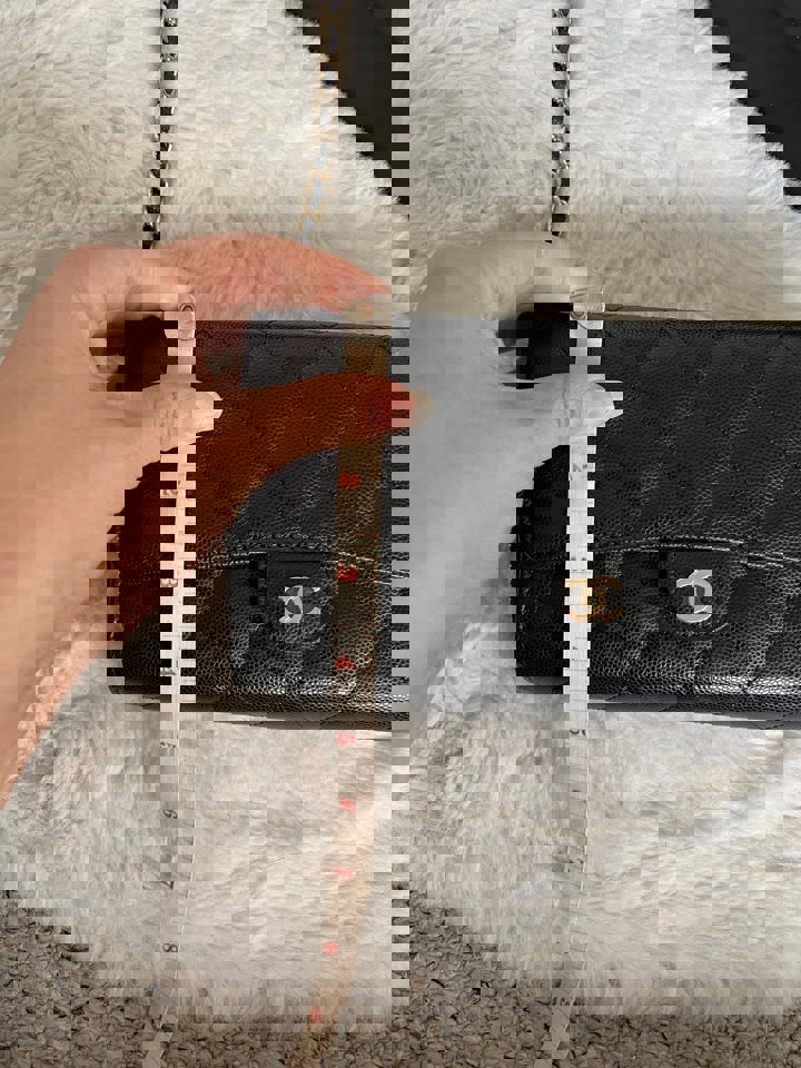 Chanel Wallet with Phone Pouch Clutch with Chain in Black Caviar LGHW