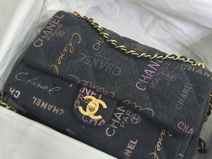 Chanel 22P collection Black Denim Mood Flap Bag with Aged GHW size Medium (25 cms)