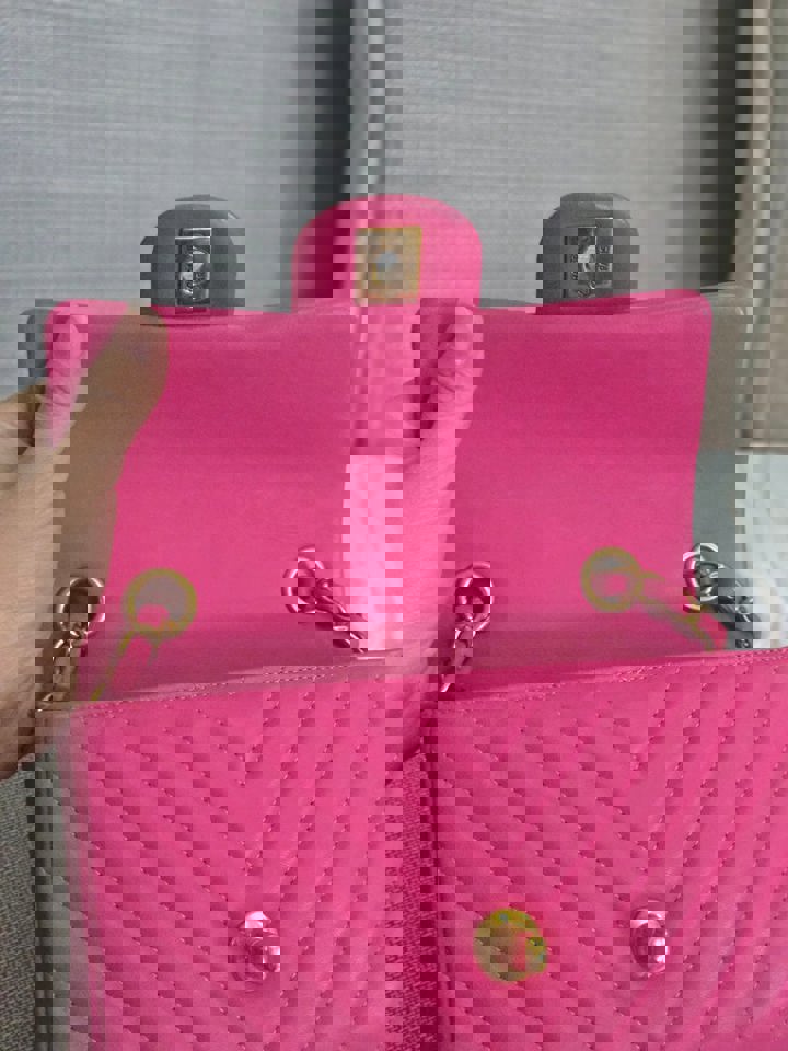 Chanel series 21 Barbie Pink Lambskin Chevron Mini Rectangular Flap Bag with Yellow GHW
