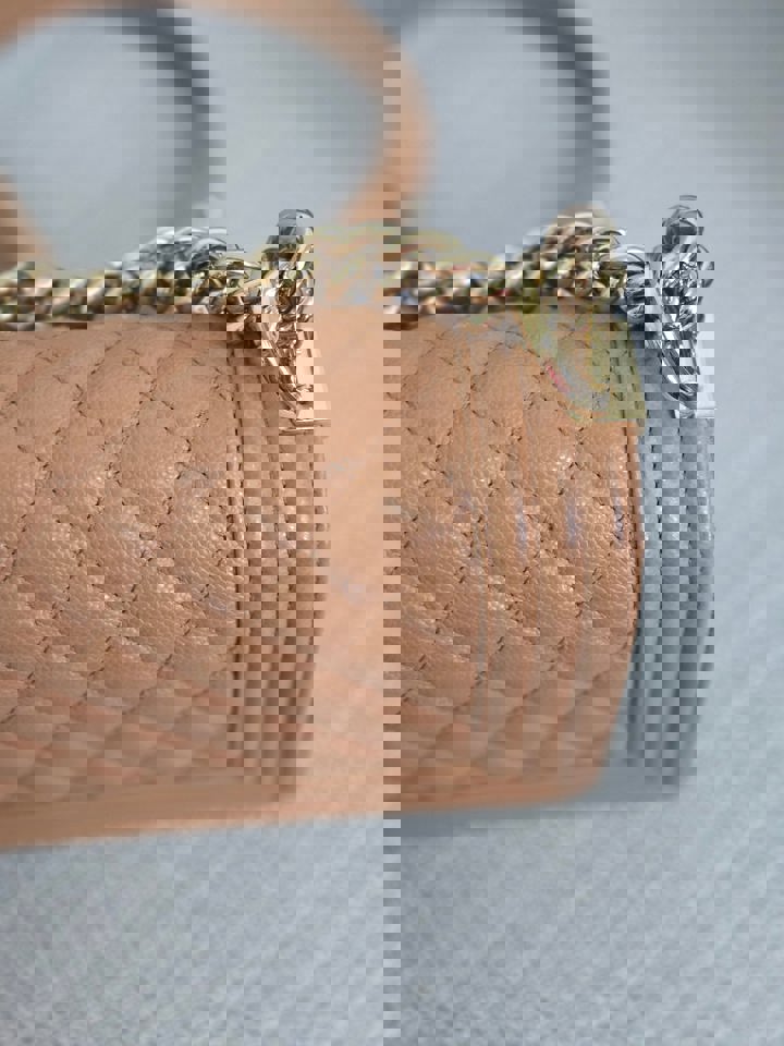 Chanel 21K 2021 Fall/Winter Collection Caramel Brown Caviar shiny champagne GHW Small Le Boy Flap Bag
