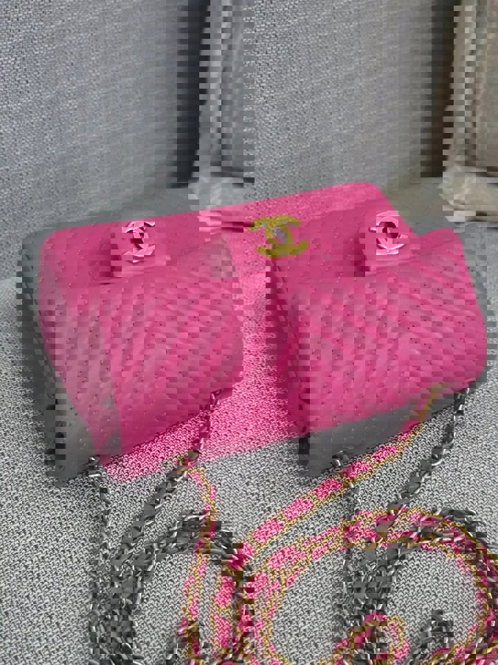 Chanel series 21 Barbie Pink Lambskin Chevron Mini Rectangular Flap Bag with Yellow GHW