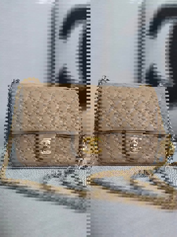 Chanel 22B 2022 Fall/Winter Collection Dark Beige Lambskin Aged GHW Pearl Crush Adjustable Chain Mini Rectangular Flap Bag