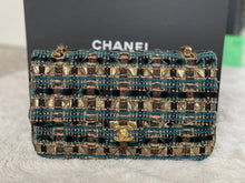 Load image into Gallery viewer, Chanel Turquoise Gold Tweed Classic Medium ML double flap bag from 19A collection Ancient Egypt
